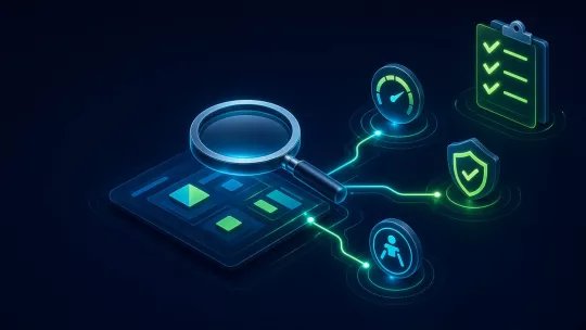 Lupa sobre una aplicación web conectada a indicadores de rendimiento, cumplimiento y accesibilidad